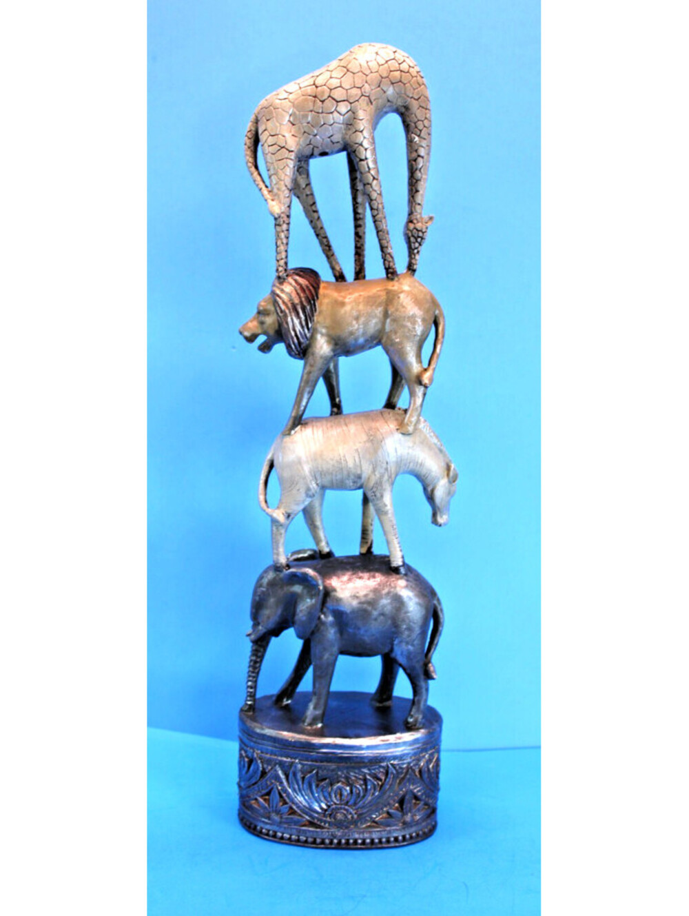 Carved African Safari Animals Totem Resin/Stone 16" Silver Tones Sculpture